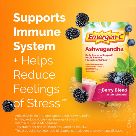 Emergen-C Vitamin C Ashwagandha Drink Mix, Dietary Supplement for Immune Support, Berry Blend - 18 Count