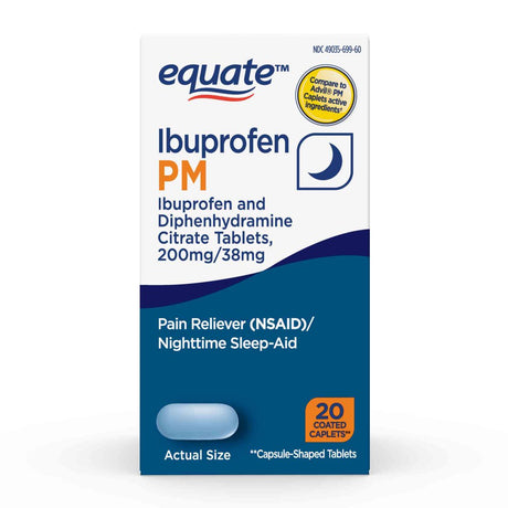 Equate Ibuprofen PM, Ibuprofen and Diphenhydramine Citrate Tablets, 200 Mg/38 Mg, 20 Count Caplets