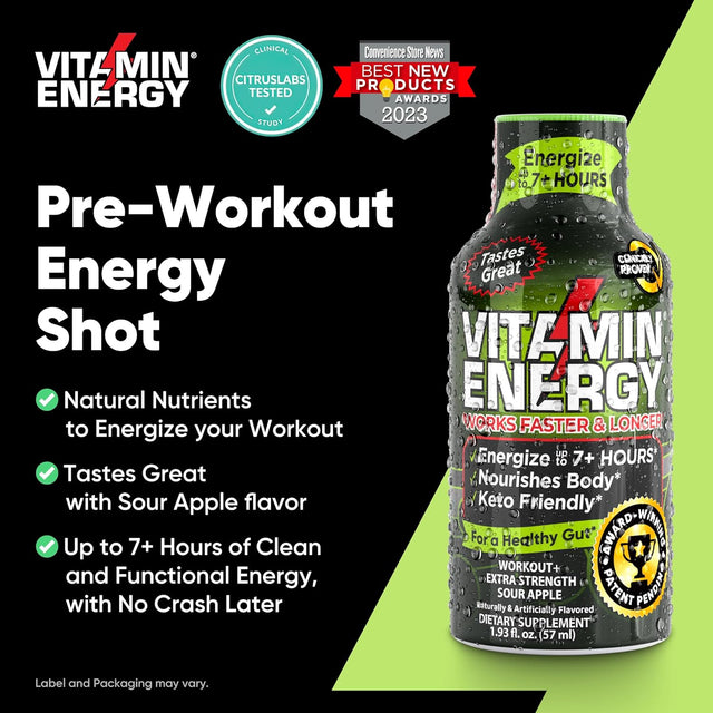 Pre Workout Vitamin Energy Drink - Keto Friendly Sugar Free Shots | Natural Clean Green Tea Caffeine with Proprietary Endurance Blend | Energize up to 7+ Hours - Sour Apple - 1.93 Fl Oz (Pack of 12)