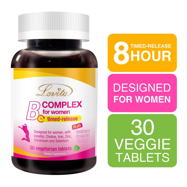 Lovita High Potent Vitamin B Complex for Women, Time Release, All B Vitamins with Iron, Vitamin C, Cranberry, Pine Bark, Green Tea for Energy, 30 Vegetarian Tablets