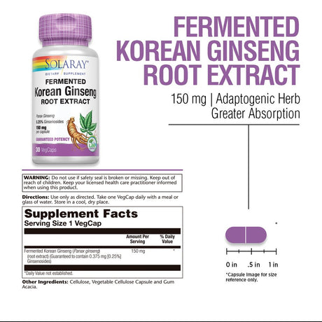 Solaray Fermented Korean Ginseng Root Extract | Healthy Stress, Energy & Physical Endurance Support | Vegan, Non-Gmo | 30 Vegcaps