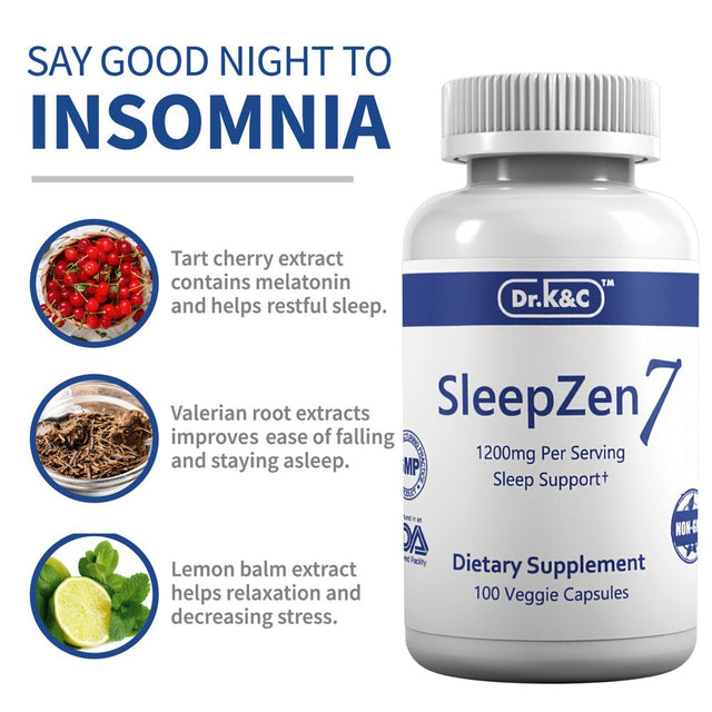 Dr.K&C Sleepzen7 Sleep Aid Supplement – 1200 Mg 100 Veggie Capsules All Natural Botanical Plant Sourced Sleeping Support Organic Tart Cherry Valerian Root Extract No Filler Non GMO