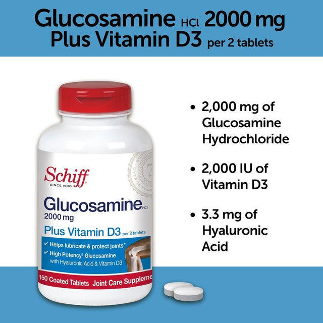 Schiff Glucosamine 2000Mg with Vitamin D3 and Hyaluronic Acid, 150 Tablets - Joint Supplement