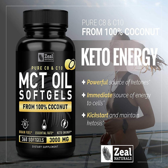 Pure MCT Oil Capsules (360 Softgels | 3000Mg) 4 Month Supply MCT Oil Keto Pills W Unrefined Coconut Oil - C10 & C8 MCT Oil Coconut Oil Capsules - Keto Brain Fuel, Keto Energy, Octane Oil Ketosis Pills