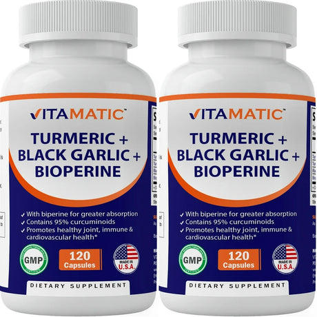 2 Pack Vitamatic Turmeric Curcumin (95% Curcuminoids), Black Garlic with Bioperine Black Pepper for Best Absorption, 910Mg Anti-Inflammatory Joint Relief, Turmeric Pills (Total 240 Capsules)