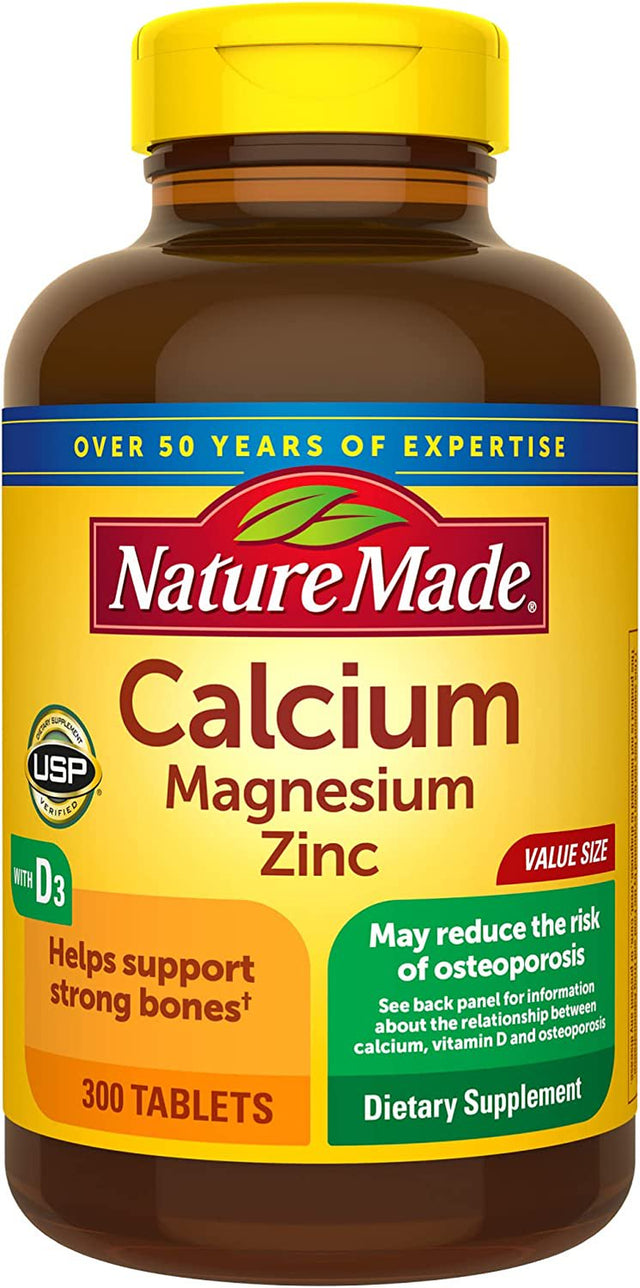 Nature Made Calcium Magnesium Zinc with Vitamin D3, Dietary Supplement for Bone Support, 300 Tablets