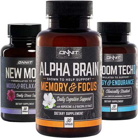 Onnit Alpha Brain (30Ct) & New Mood (30Ct) Nootropics Brain Support Supplement with Shroom Tech Sport (28Ct) - Caffeine-Free, Clinically Studied Ingredients for Memory & Focus - for Men & Women