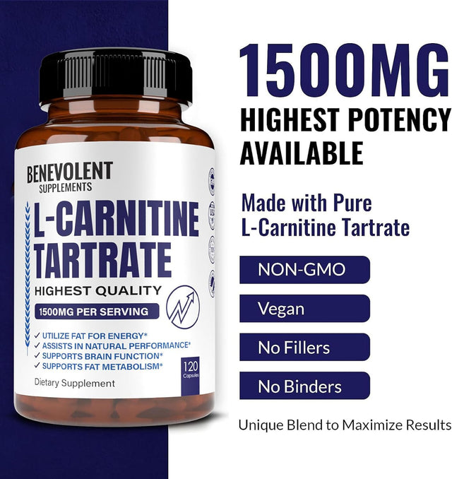 Premium L-Carnitine Tartrate Supplement - 1500Mg - Utilize Fat for Energy with Tartrate, Lean Muscle Gain, Boost Natural Energy, Support Metabolism & Fatigue, 120 Non-Gmo Pure L Carnitine Capsules