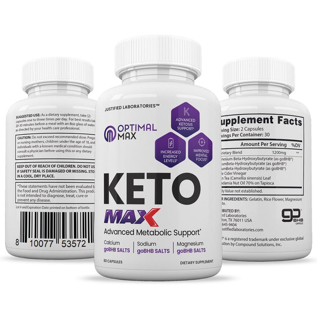 Optimal Keto Max 1200MG Pills Includes Gobhb Appetite Control 60 Capsules