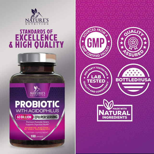 Probiotics, 60 Billion CFU per Serving, Probiotic with Prebiotics for Digestive & Immune Health Support for Women & Men - Nature'S Supplement Is Shelf Stable, Soy, Dairy & Gluten Free - 180 Capsules