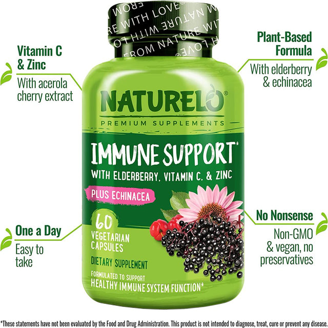 NATURELO Immune Support – Vitamin C, Elderberry, Zinc, Echinacea – Natural Immunity Boost W/ Antioxidant, Herbal & Mineral Defense - 60 Vegan Capsules