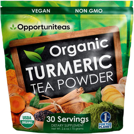 Opportuniteas Turmeric Organic Tea Superfood Powder for Joint Health with Matcha Green Tea, Ginger, Cinnamon 30 Servings