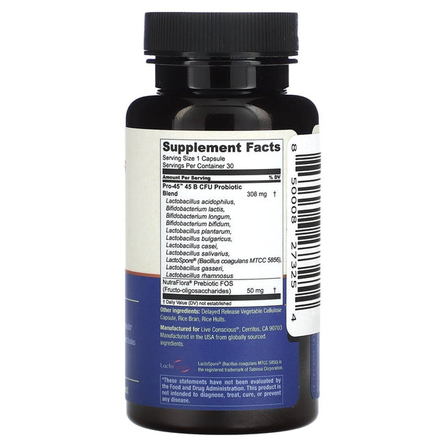 Live Conscious PRO45 Probiotics for Women & Men: Comprehensive Formula, 45 Billion CFU, 11 Strains, Dairy Free - W/Prebiotics and Probiotics - Promotes Immune & Gut Health - 30 Veggie Caps