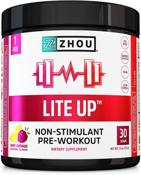 Zhou Nutrition Lite Up, Non-Stimulant Pre Workout Powder, Caffeine Free Nitric Oxide Booster, No Sugar Added, Vegan, Gluten Free, Non GMO, Berry Lemonade, 7.5 Oz