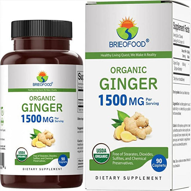 Brieofood Organic Ginger 1500Mg, 45 Servings, Vegetarian, Gluten Free, 90 Vegetarian Tablets