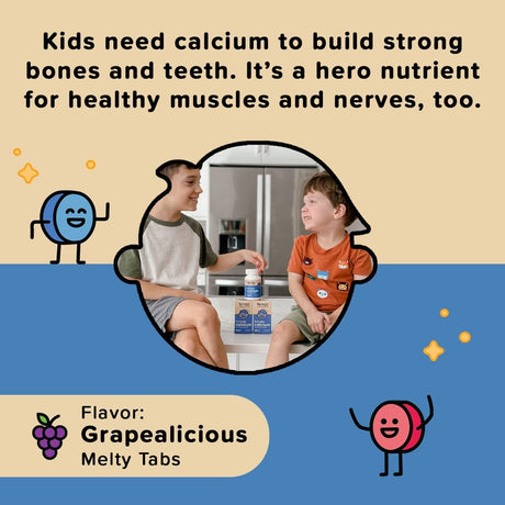 Renzo'S Hercules Calcium Supplement with Vitamin D3 & K2 - Fast Dissolving Vitamins for Kids, 60 Tabs, Grape