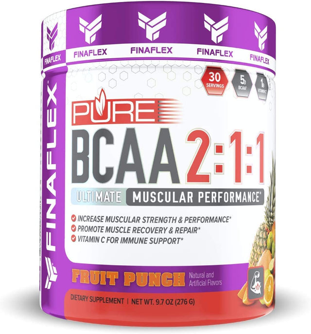 FINAFLEX Pure BCAA 2:1:1, Fruit Punch - 9.7 Oz - Promotes Strength, Recovery & Performance - with 2:1:1 Ratio of Leucine, Isoleucine & Valine + Vitamin C - 30 Servings