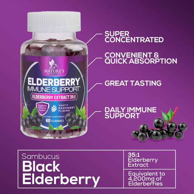 Nature’S Sambucus Elderberry Gummies, Immune Support for Kids and Adults, Max 35:1 Extract, Equivalent to 4200Mg of Elderberries, Black Elderberry Vitamin Supplement, Vegan, Non-Gmo - 60 Gummies