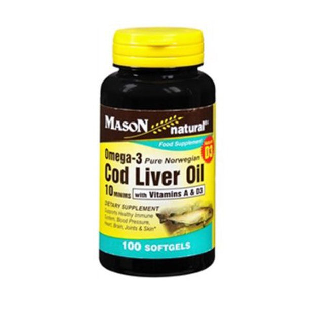 Mason Natural Omega - 3 Cod Liver Oil with Vitamin a and D3 Food Supplement Softgels - 100 Ea, 6 Pack