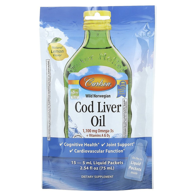 Carlson Wild Norwegian Cod Liver Oil, Natural Lemon, 15 Liquid Packets, 0.17 Fl Oz (5 Ml) Each