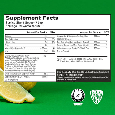 BARE PERFORMANCE NUTRITION, BPN Strong Greens Superfood Powder, Improved Digestion, Increased Energy, Immune System Support, Lemon