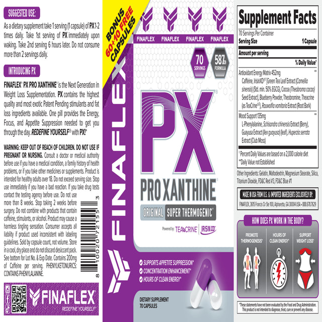 FINAFLEX PX Pro Xanthine, Elite Product, Pro Results, Weight Loss Support, Appetite Suppressant, Concentration Enhancement, Hours of Energy, 70 Capsules