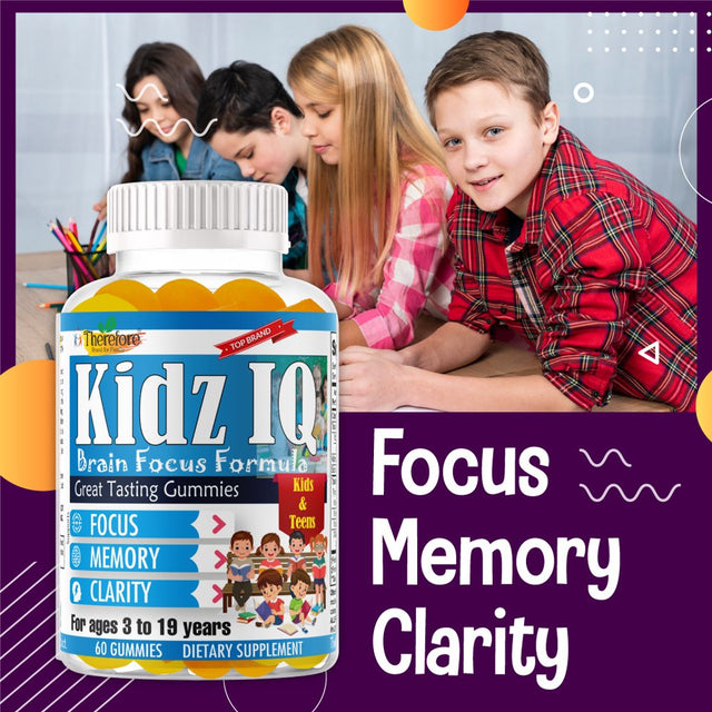 Kidz IQ Kids Focus Gummies Brain Vitamins for Kids & Teens, Brain Support Focus Supplement & Memory Vitamins 60 Gummies by Therefore