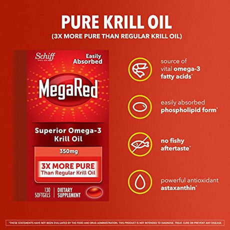 Megared Krill Oil 350Mg Omega 3 Supplement with EPA, DHA, Astaxanthin & Phopholipids, Supports Heart, Brain, Joint and Eye Health, No Fish Oil Aftertaste - 130 Softgels (130 Servings)