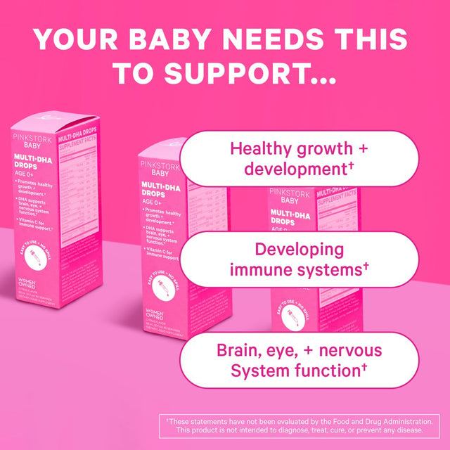 Pink Stork Baby Multi + DHA Baby Drops: Liquid Multivitamin, Growth & Immune Support, 2 Fl Oz