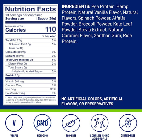 Leanfit Plant-Based Protein & Greens Natural Vanilla – 20G Plant Protein + 4 Leafy Greens per Serving – Vegan, Gluten-Free, Soy-Free, No Sugar – 19 Servings, 1.21 Pound Tub