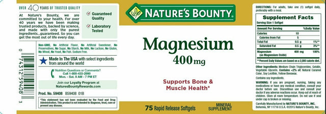 Nature'S Bounty Magnesium Supplements, 400 Mg Gels, Unflavored, 75 Count