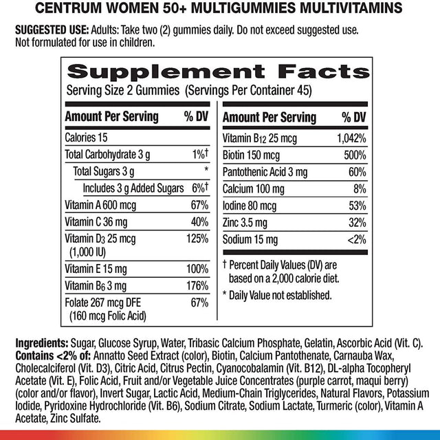 Centrum Multigummies Gummy Multivitamin for Women 50 Plus, with Vitamin D3, B6 and B12, Multivitamin/Multimineral Supplement, 80 Ct (Pack of 3)