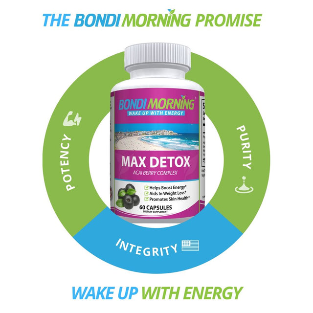 Bondi Morning Max Detox Dietary Supplement – Pure Herbal Ingredients, Acai Berry, Papaya & Ginger, Promotes Colon Cleansing & Removes Toxins – 60 Capsules