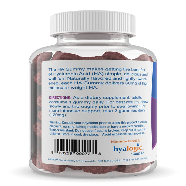 Hyalogic Chewy HA Gummies Mixed Berry Flavor Hyaluronic Acid Gummies – Gluten-Free Gummy Vitamins for Adults - HA Supplement for Joints, Skin & Eyes –60 Count (120 Mg)