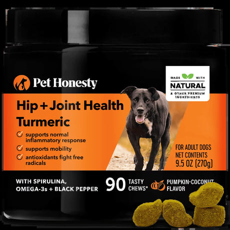 Pet Honesty Dog, Hip & Joint Health Support Tumeric Supplement W Spirulina Omega 3S and Black Pepper, Pumpkin & Coconut Flavor, 90 Count Soft Chews