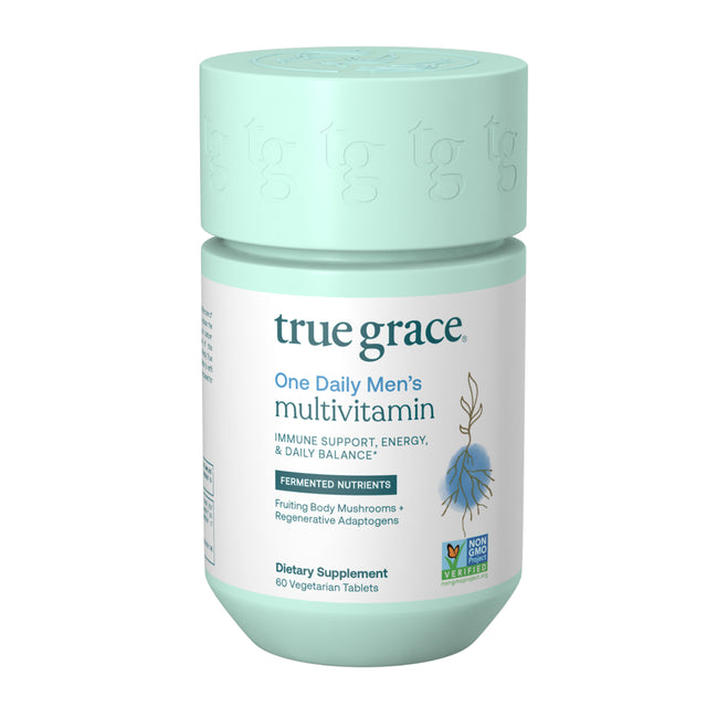 True Grace One Daily Men’S Multivitamin Fermented Minerals, Organic Adaptogens & Mushrooms Whole Body Balance Immune, Endurance, Bone & Heart Support - Non-Gmo, Gluten Free - 60 Vegan Tablets