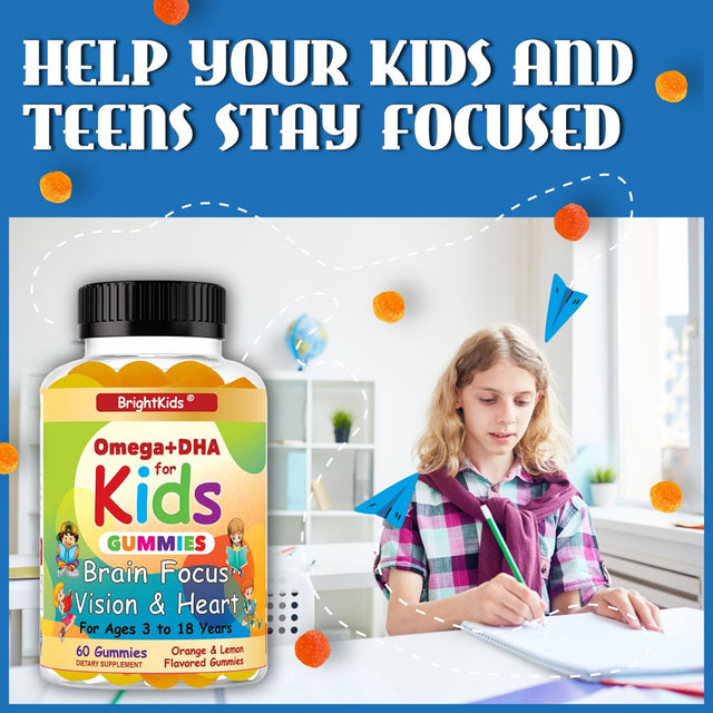 Brightkids Brain Focus, Vision & Heart Health Formula, Omega 3 Gummies +DHA, Support Focus Attention Memory Cognition Focus Formula for Kids 60 Gummies