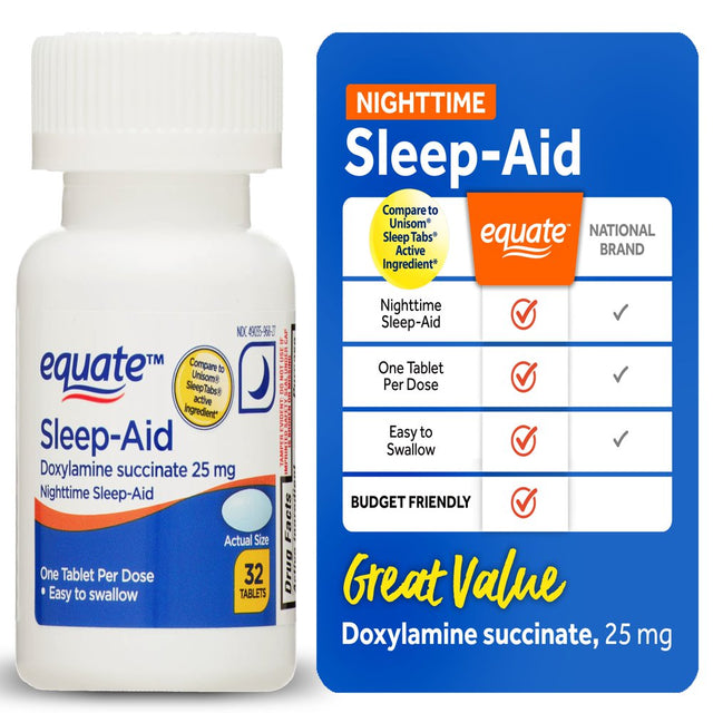 Equate Doxylamine Succinate Sleep-Aid Tablets, 25 Mg, 32 Count