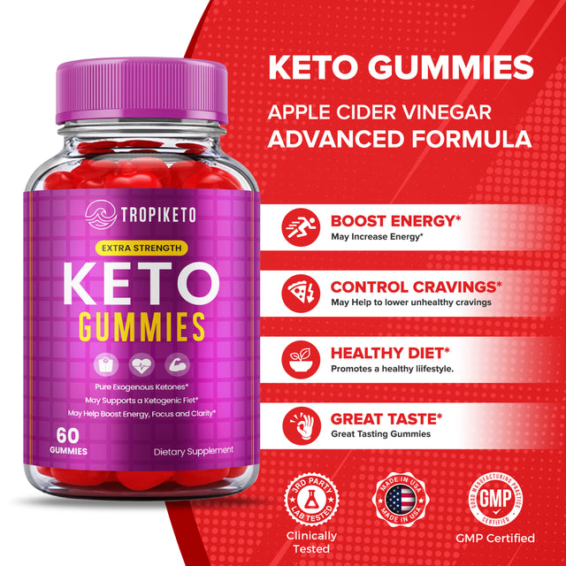 Tropiketo Keto Gummies for Weight Loss Tropi Keto ACV Gummies Extra Strength Apple Cider Vinegar Supplement (60 Gummies)