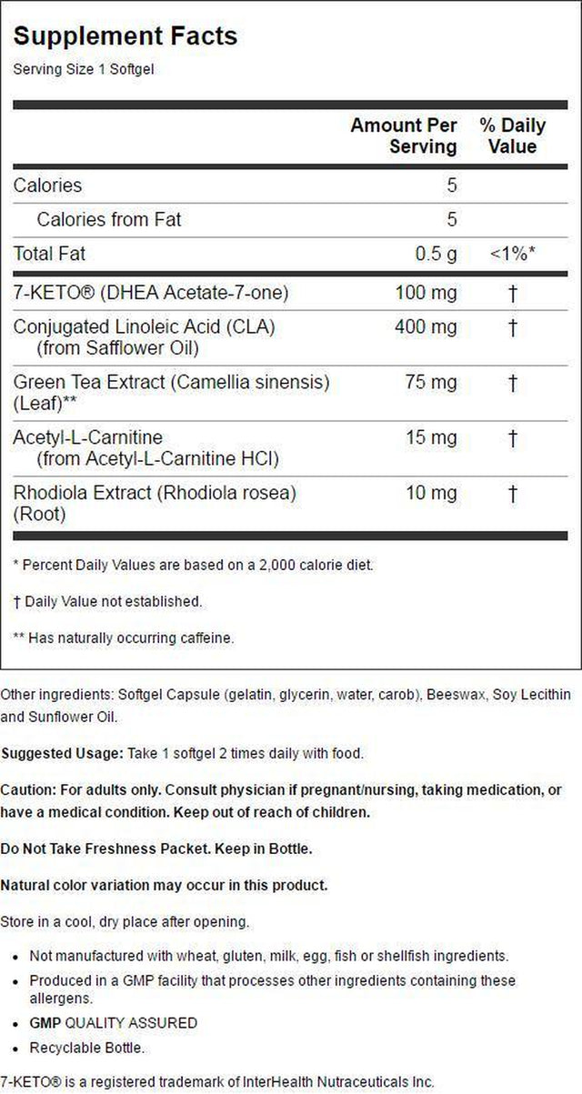 NOW Supplements, 7-Keto Leangels 100 Mg with CLA, Green Tea Extract, Acetyl-L-Carnitine and Rhodiola Extract, 60 Softgels