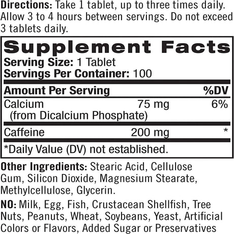 Natrol High Caffeine Tablets, Energy Support, Helps Enhance Endurance and Mental Focus, Caffeine Supplement, Fatigue, Pre-Workout, Extra Strength, 200Mg, 100 Count High Caffeine 100 Count (Pack of 1)