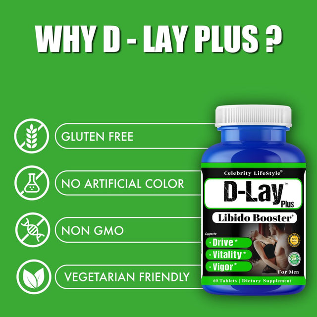 D-Lay plus Male Enhancing, Testosterone Booster Vitamins Supplements 60 Tablets by Celebrity Lifestyle