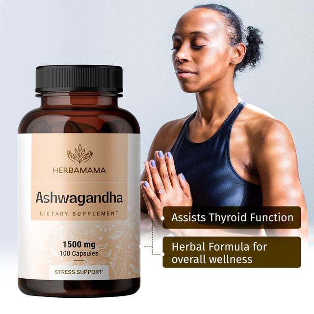 HERBAMAMA Ashwagandha Root Powder Capsules for Energy, Mood and Stress Support, 100 Ct