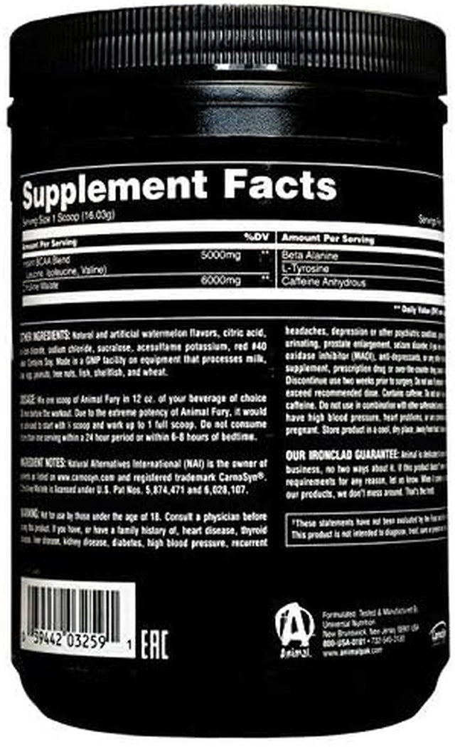 Animal Fury - Pre Workout Powder Supplement for Energy and Focus - 5G BCAA, 350Mg Caffeine, Nitric Oxide, without Creatine - Powerful Stimulant for Bodybuilders - Ice Pop, 30 Count