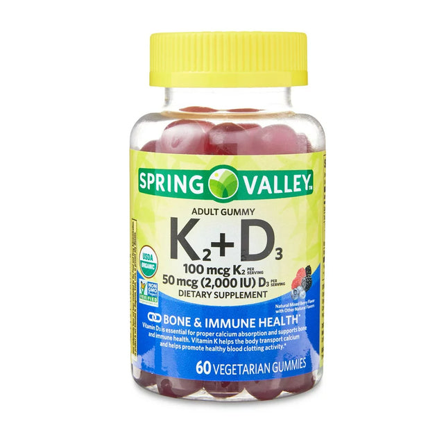 Spring Valley Non GMO K2 and D3 Vegetarian Gummies, Mixed Berry, 50 Mcg (2000 IU), 60 Count