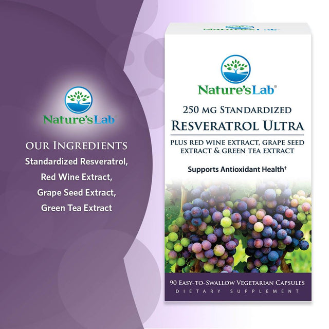 Nature'S Lab Resveratrol Ultra - 90 Count (3 Month Supply) - Antioxidant Supplement* - 250Mg Trans-Resveratrol, Red Wine Extract, Green Tea Extract- Non-Gmo, Gluten Free, Vegan