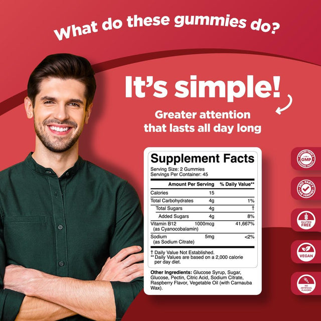 Vegan Vitamin B12 Gummies for Adults - Extra Strength Daily Energy Gummies for Women and Men - Delicious Vitamin B Gummies with Vitamin B12 1500Mcg per Serving Non-Gmo Gluten Free Raspberry Flavor