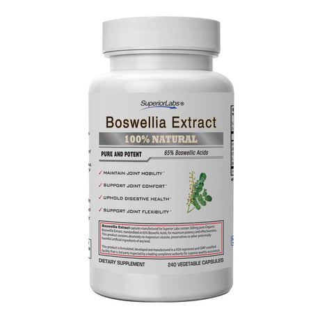 Superior Labs Boswellia Extract - Pure Nongmo Boswellic 65% Acids W/Bioperine Superior Absorption Zero Synthetic Additives - Powerful Formula Joint, Knees, Hips, Migraine, Immune, - 500Mg Svg, 240 Veg