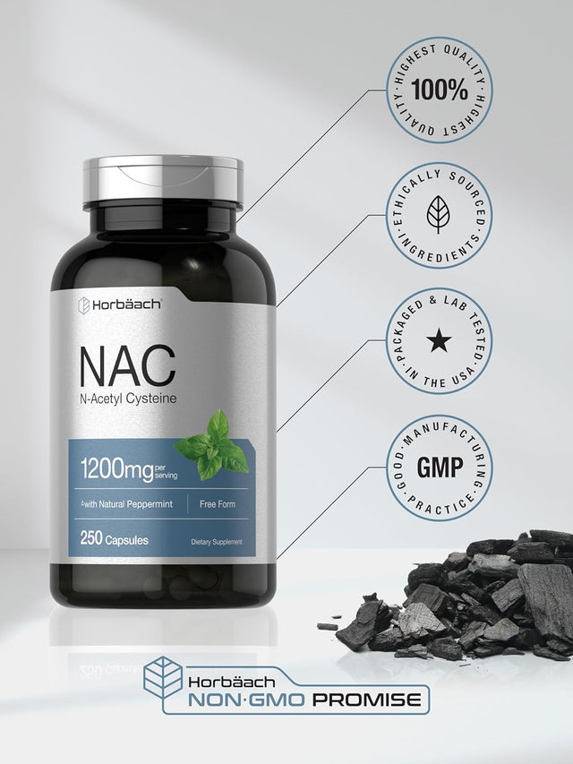 NAC N-Acetyl Cysteine Supplement 1200Mg | 250 Capsules | with Natural Peppermint | Non-Gmo, Gluten Free | by Horbaach