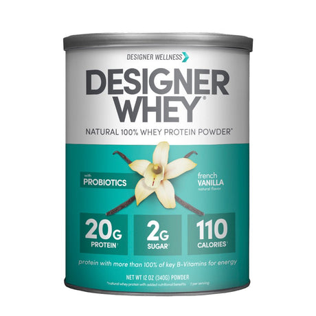 Designer Wellness, Designer Whey, Natural 100% Whey Protein Powder with Probiotics, Fiber, & Key B-Vitamins for Energy, Gluten-Free, French Vanilla, 12Oz